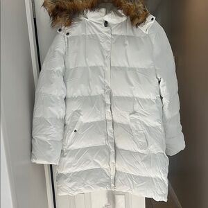 Women's White Puffer Jacket with Faux Fur Hood